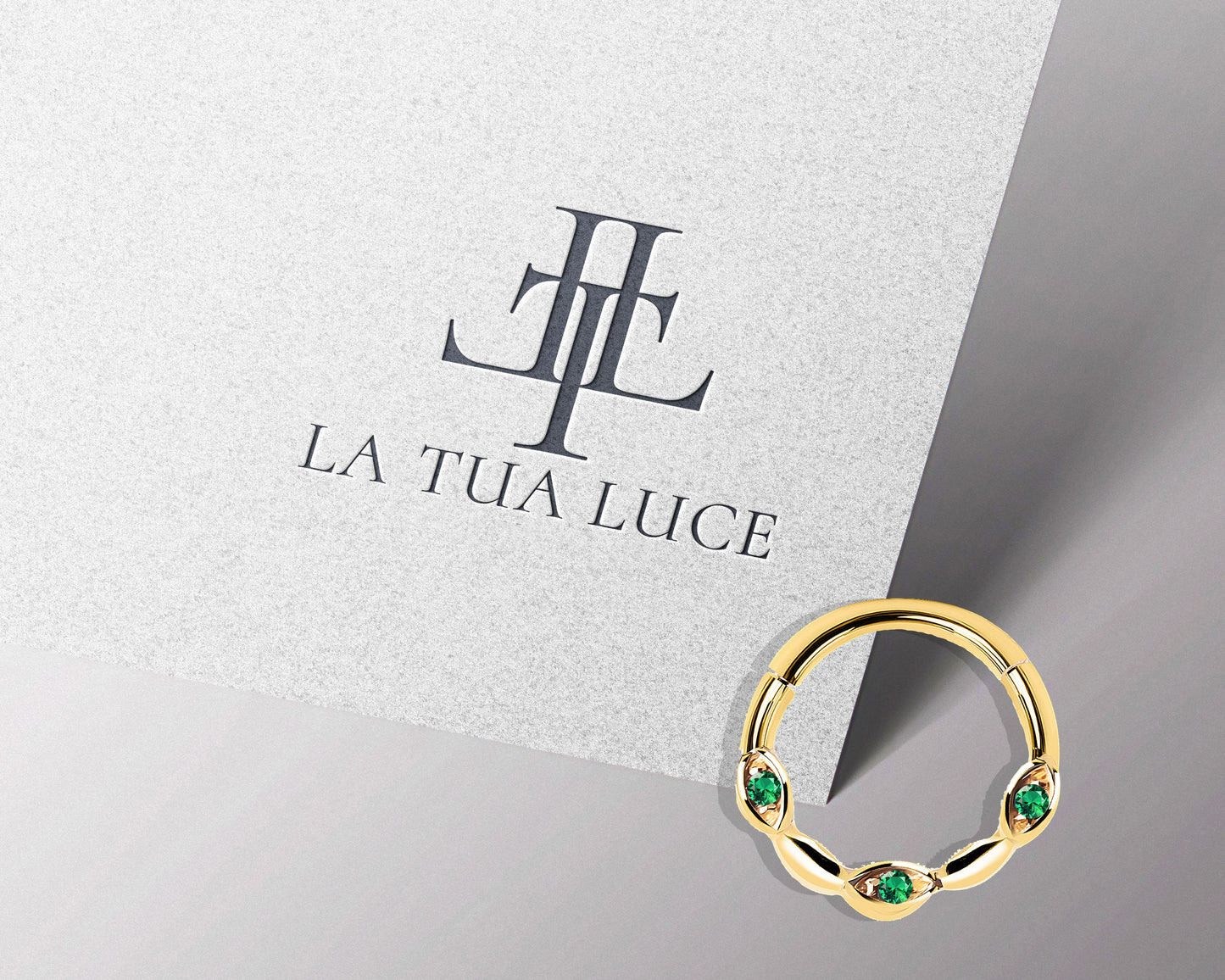 Üç Badem Yeşil Garnetlı Halka Piercing, 10 MM , 1.2 MM, 14K Sarı-Beyaz-Kırmızı Altın | LC00040G