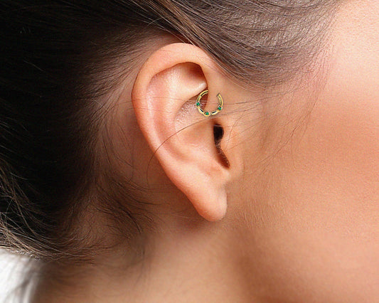 Üç Badem Yeşil Garnetlı Halka Piercing, 10 MM , 1.2 MM, 14K Sarı-Beyaz-Kırmızı Altın | LC00040G