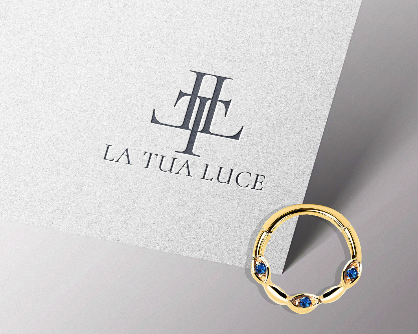 Üç Badem Safirli Halka Piercing, 10 MM , 1.2 MM, 14K Sarı-Beyaz-Kırmızı Altın | LC00040S