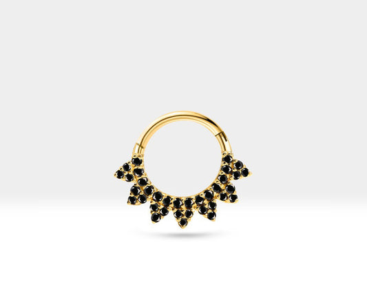 Taç Siyah Pırlantalı Halka Piercing, 13.5 MM , 1.2 MM, 14K Sarı-Beyaz-Kırmızı Altın | LC00041B