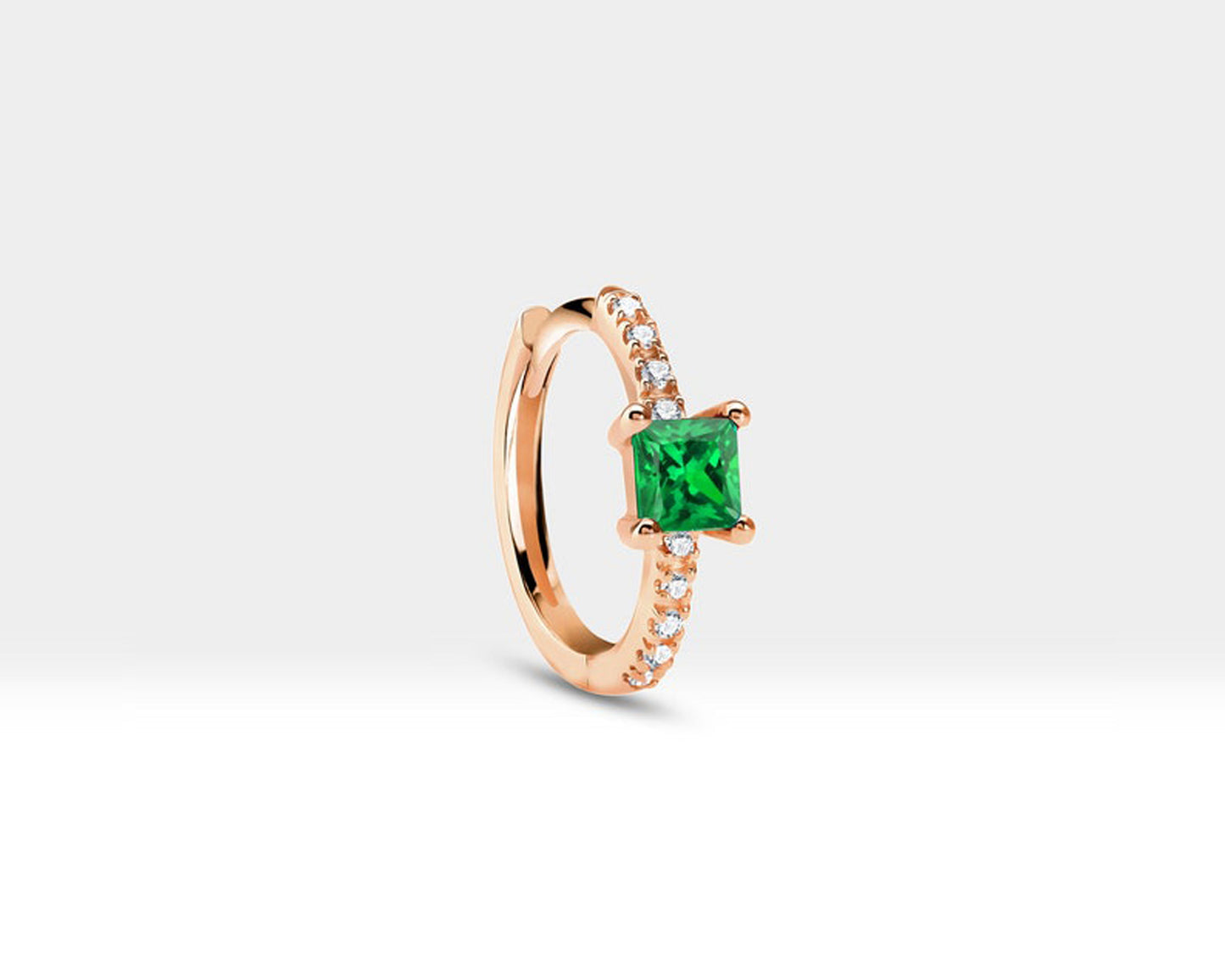 Prenses Zümrüt ve Pırlantalı Küpe, 12 MM , 14K Sarı-Beyaz-Kırmızı Altın | LE00010DE