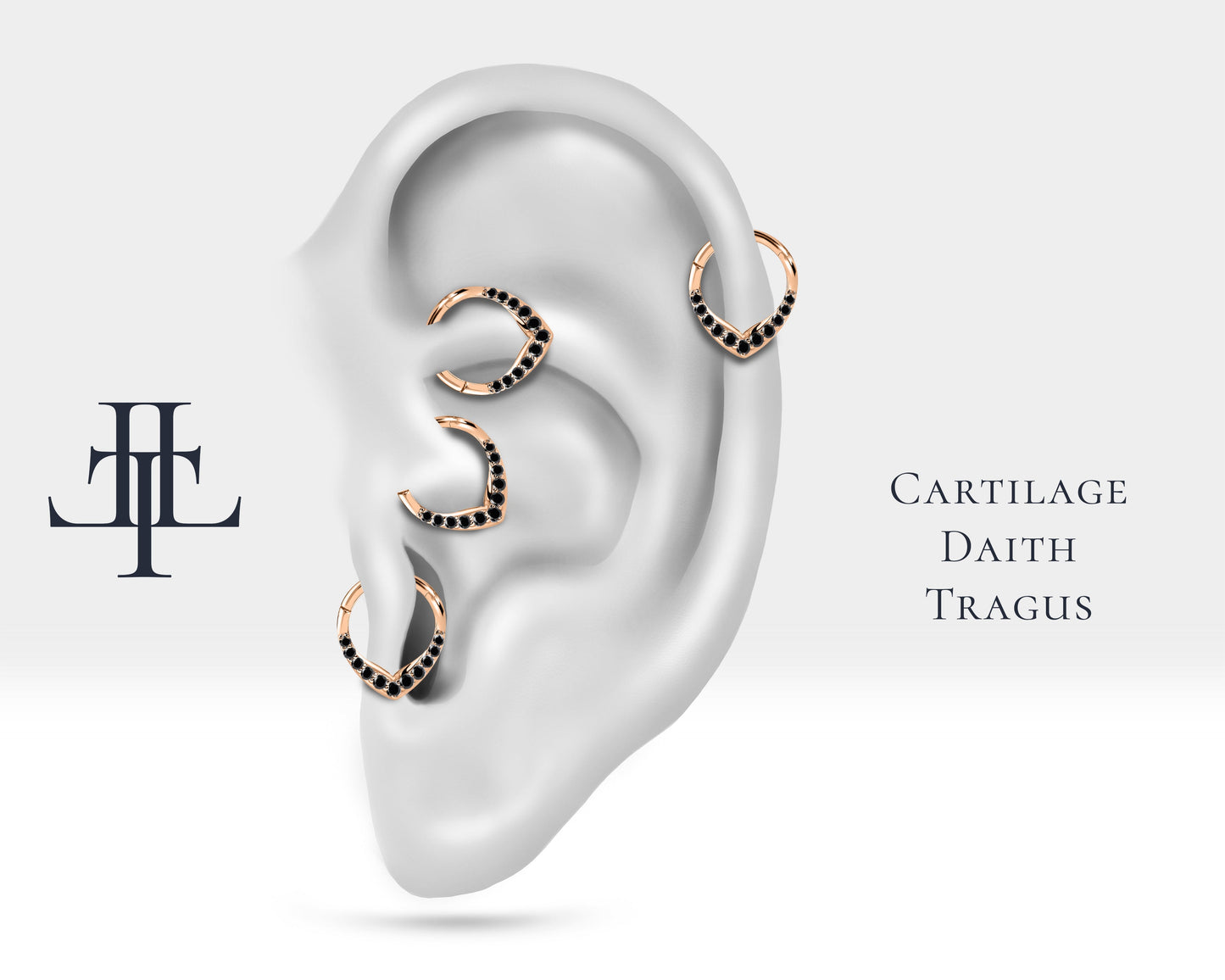 V Siyah Pırlantalı Halka Piercing, 9.70-11.50 MM , 1.2 MM, 14K Sarı-Beyaz-Kırmızı Altın | LC00049B