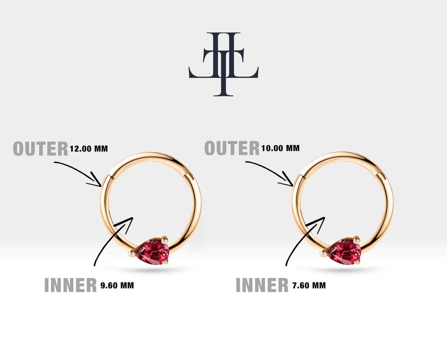 Damla Yakutlu Halka Piercing, 10-12 MM , 1.2 MM, 14K Sarı-Beyaz-Kırmızı Altın | LC00027R