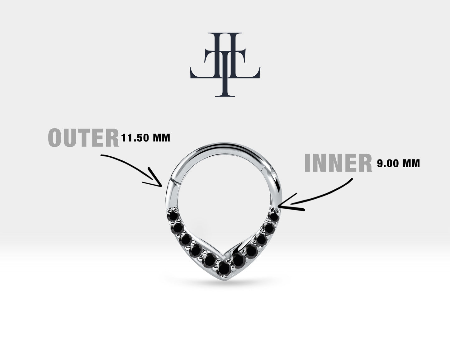 V Siyah Pırlantalı Halka Piercing, 9.70-11.50 MM , 1.2 MM, 14K Sarı-Beyaz-Kırmızı Altın | LC00049B