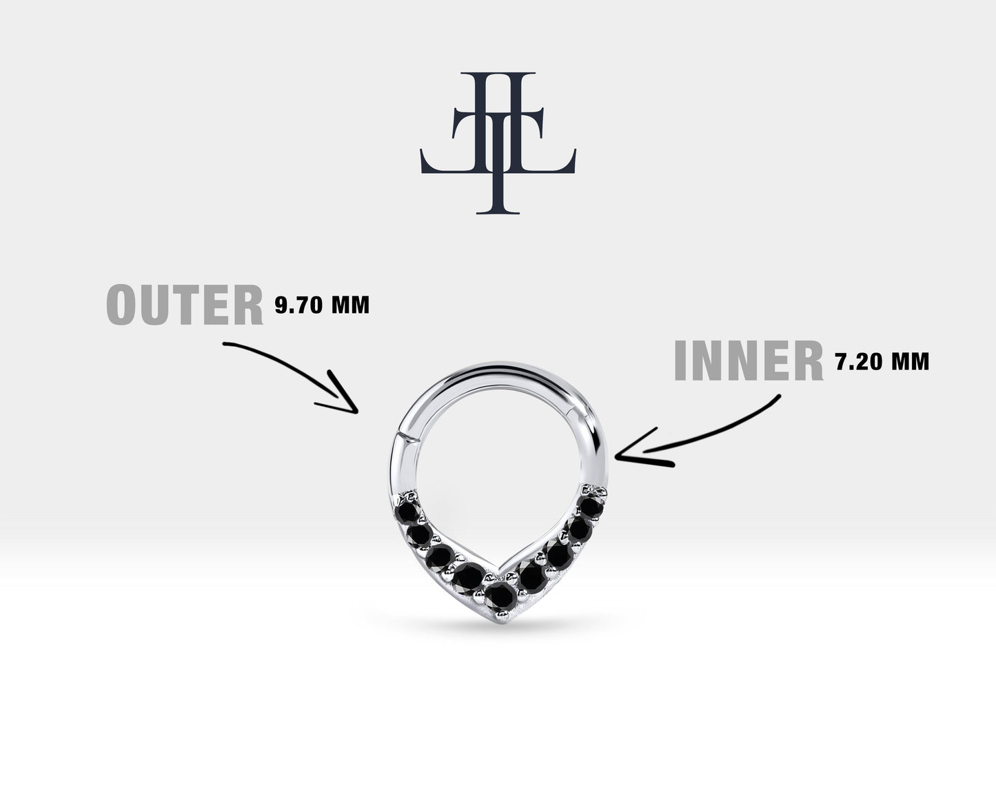 V Siyah Pırlantalı Halka Piercing, 9.70-11.50 MM , 1.2 MM, 14K Sarı-Beyaz-Kırmızı Altın | LC00049B