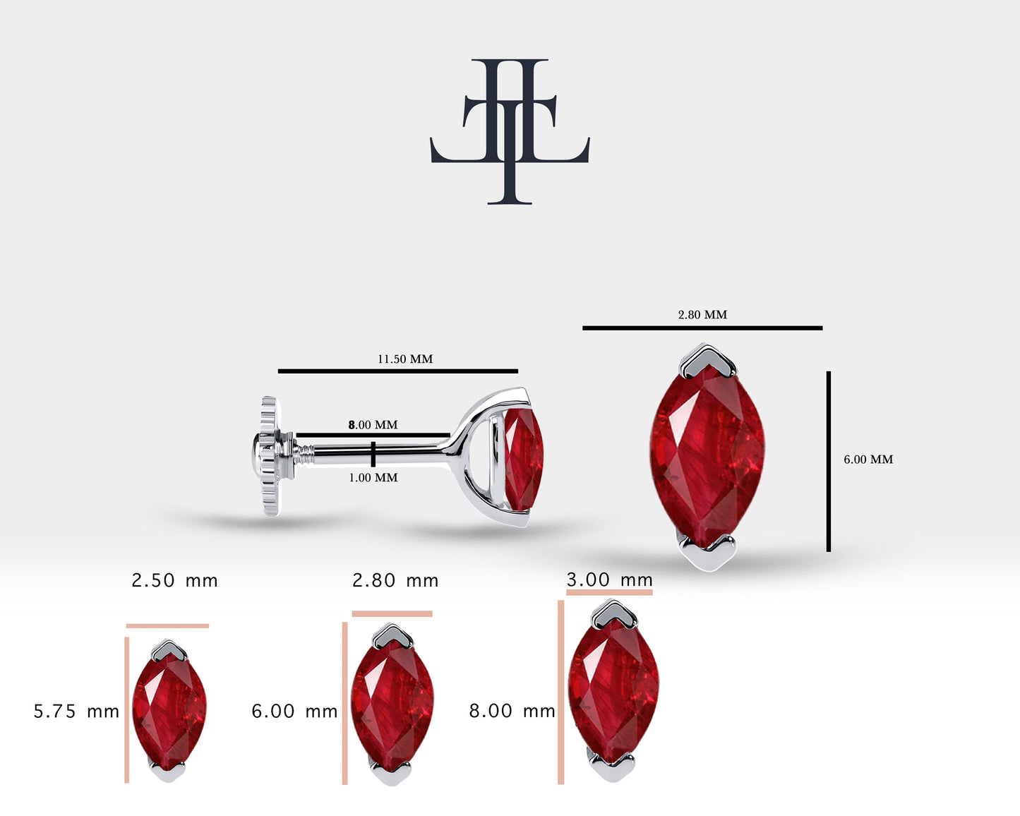 Markiz Yakut Piercing, 8 MM , 1.2 MM, 14K Sarı-Beyaz-Kırmızı Altın | LP00022R