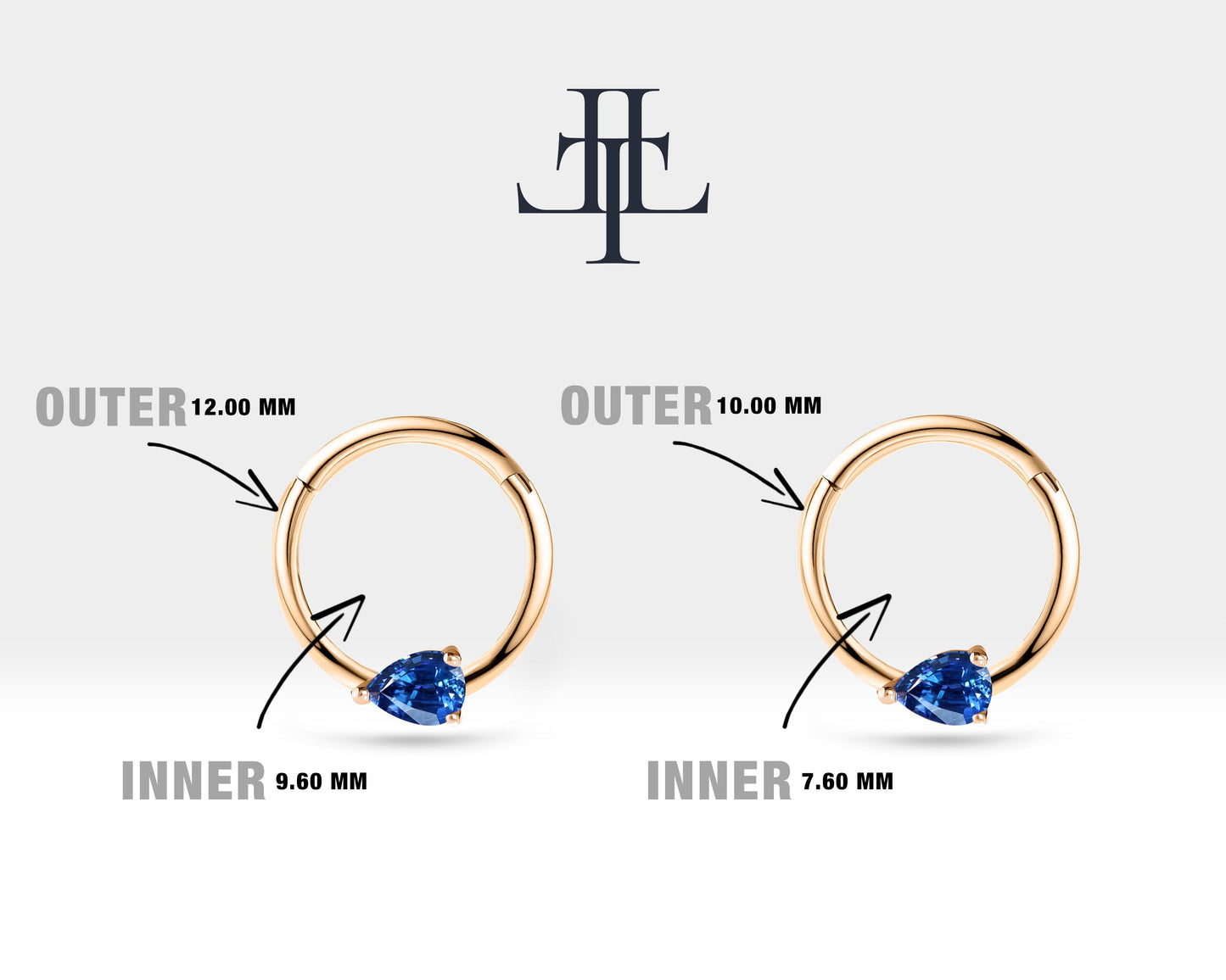 Damla Safirli Halka Piercing, 10-12 MM , 1.2 MM, 14K Sarı-Beyaz-Kırmızı Altın | LC00027S