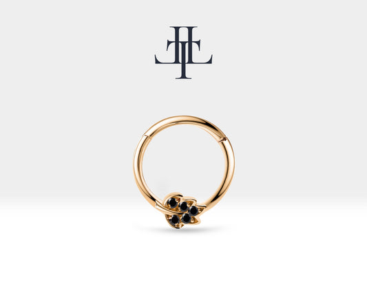 Yaprak Siyah Pırlantalı Halka Piercing, 12 MM , 1.2 MM, 14K Sarı-Beyaz-Kırmızı Altın | LC00046B