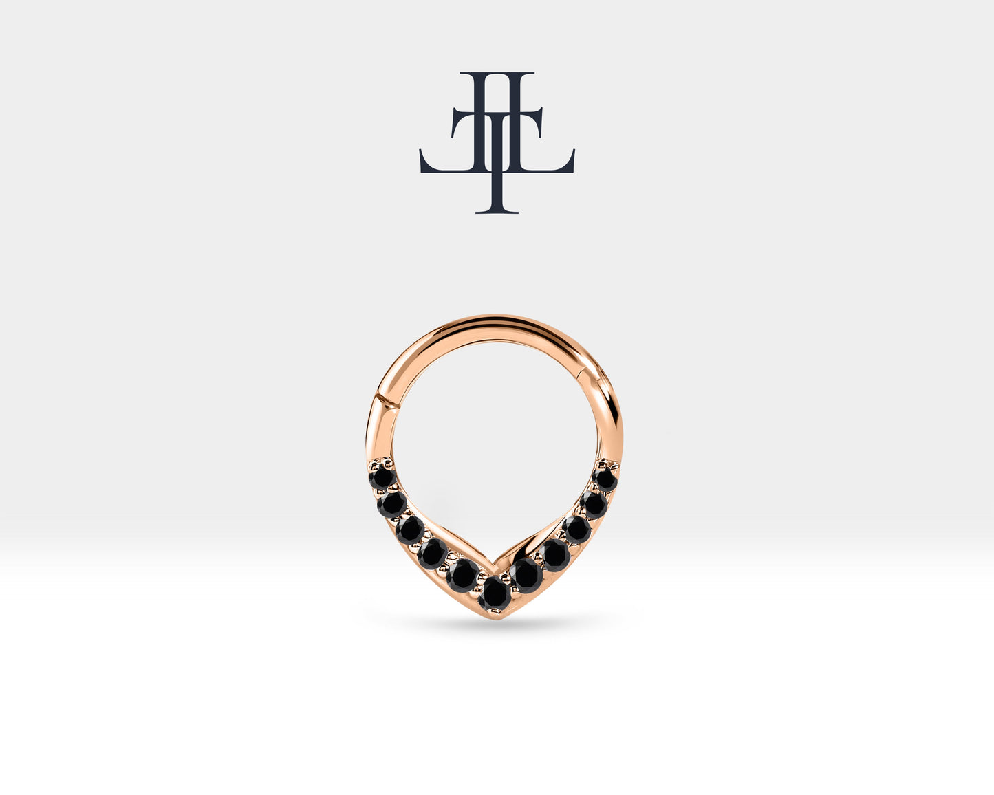 V Siyah Pırlantalı Halka Piercing, 9.70-11.50 MM , 1.2 MM, 14K Sarı-Beyaz-Kırmızı Altın | LC00049B