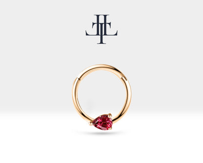 Damla Yakutlu Halka Piercing, 10-12 MM , 1.2 MM, 14K Sarı-Beyaz-Kırmızı Altın | LC00027R