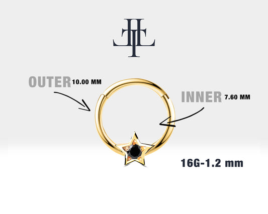 Yıldız Siyah Pırlanta Halka Piercing, 10 MM , 1.2 MM, 14K Sarı-Beyaz-Kırmızı Altın | LC00019B