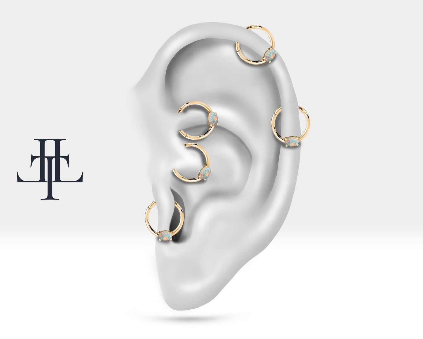 Oval Afrikan Opalli Halka Piercing, 10-12 MM , 1.2 MM, 14K Sarı-Beyaz-Kırmızı Altın | LC00035O