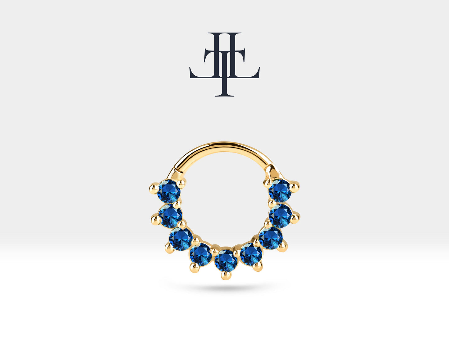 Dokuz Safirli Halka Piercing, 13 MM , 1.2 MM, 14K Sarı-Beyaz-Kırmızı Altın | LC00006S