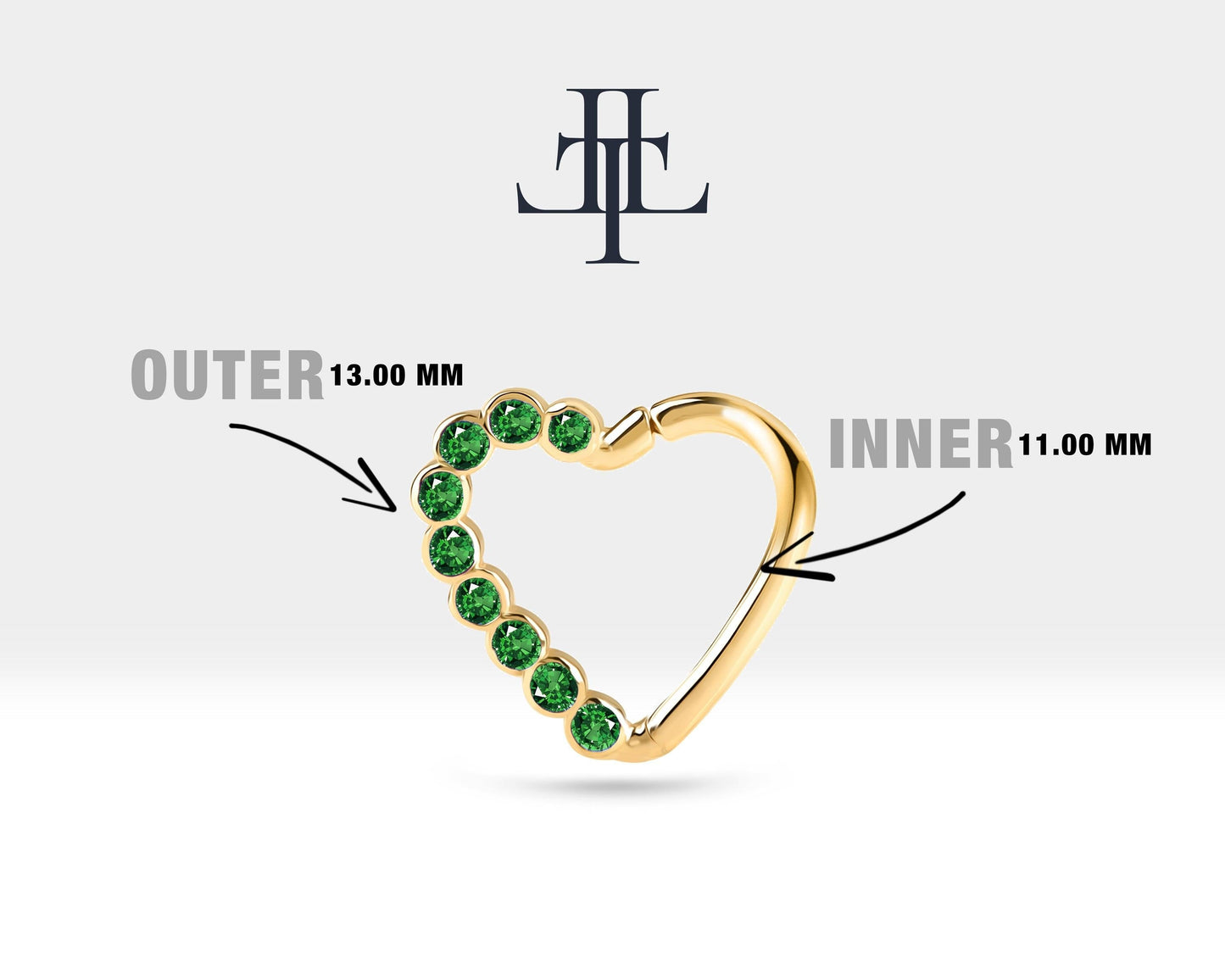 Dizi Yeşil Garnetlı Kalp Halka Piercing, 13 MM , 1.2 MM, 14K Sarı-Beyaz-Kırmızı Altın | LC00017G