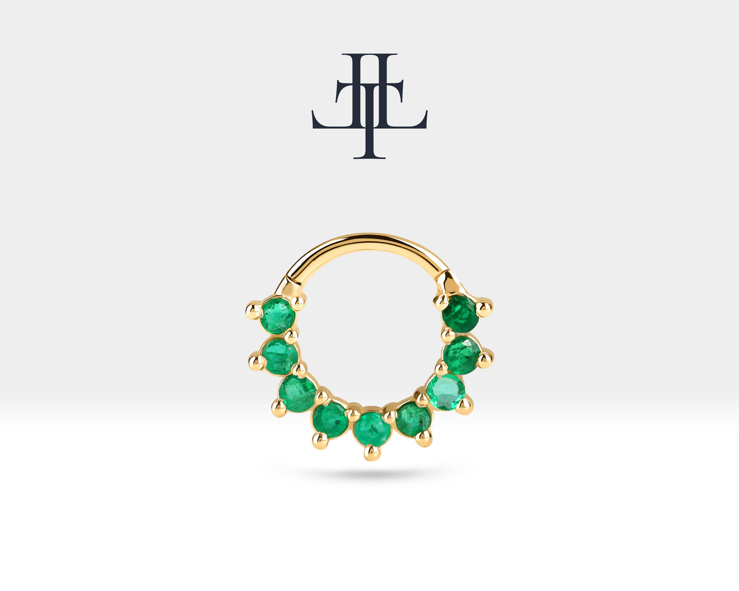 Dokuz Zümrütlü Halka Piercing, 13 MM , 1.2 MM, 14K Sarı-Beyaz-Kırmızı Altın | LC00006E