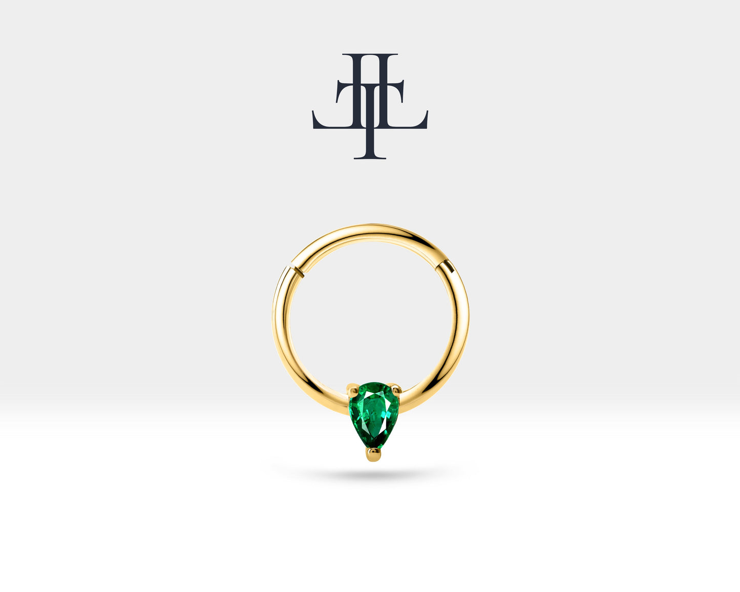 Damla Zümrütlü Halka Piercing, 12 MM , 1.2 MM, 14K Sarı-Beyaz-Kırmızı Altın | LC00012R