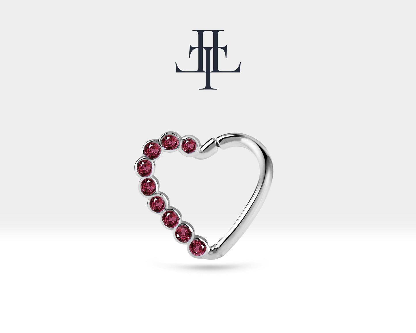 Dizi Yakutlu Kalp Halka Piercing, 13 MM , 1.2 MM, 14K Sarı-Beyaz-Kırmızı Altın | LC00017R