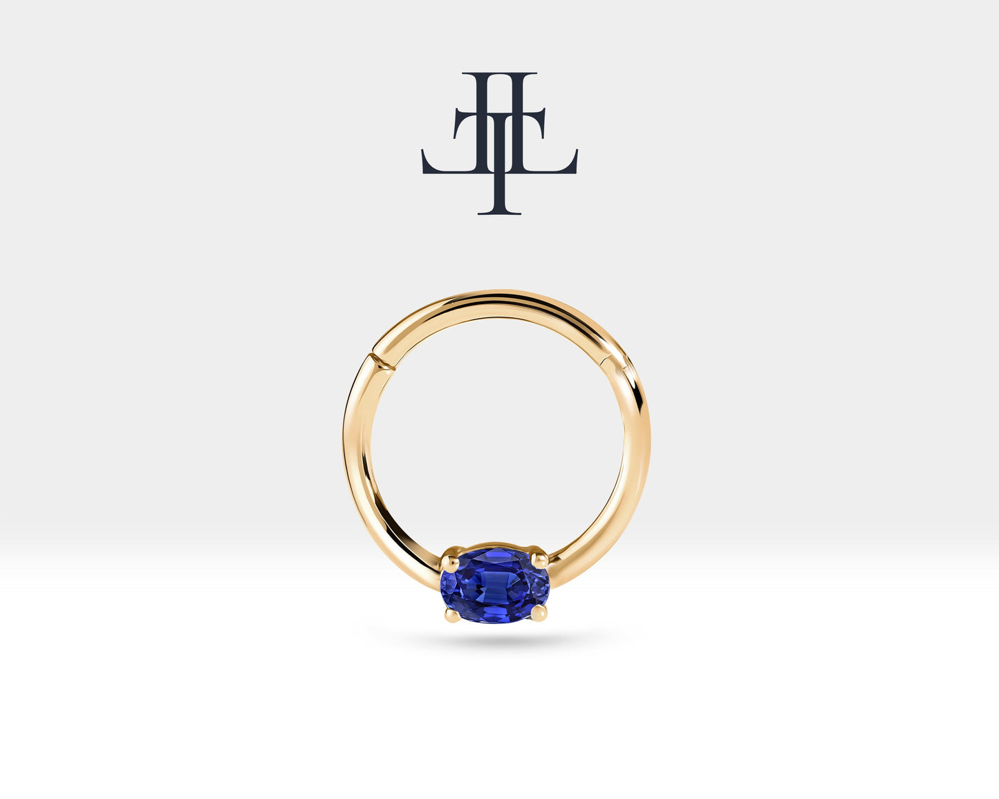 Oval Safirli Halka Piercing, 10-12 MM , 1.2 MM, 14K Sarı-Beyaz-Kırmızı Altın | LC00035S