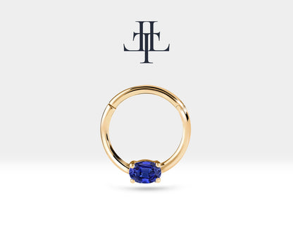 Oval Safirli Halka Piercing, 10-12 MM , 1.2 MM, 14K Sarı-Beyaz-Kırmızı Altın | LC00035S