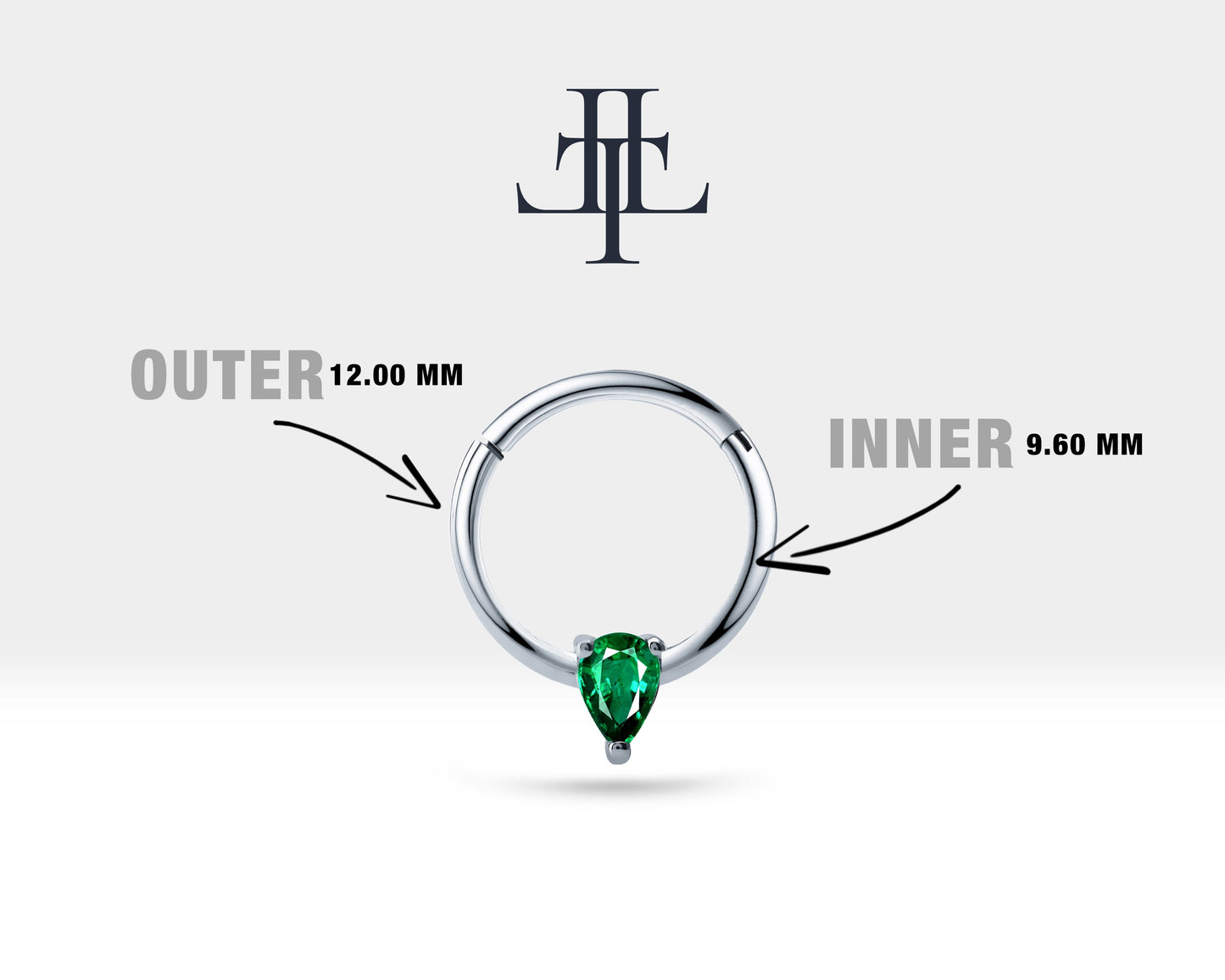 Damla Zümrütlü Halka Piercing, 12 MM , 1.2 MM, 14K Sarı-Beyaz-Kırmızı Altın | LC00012R