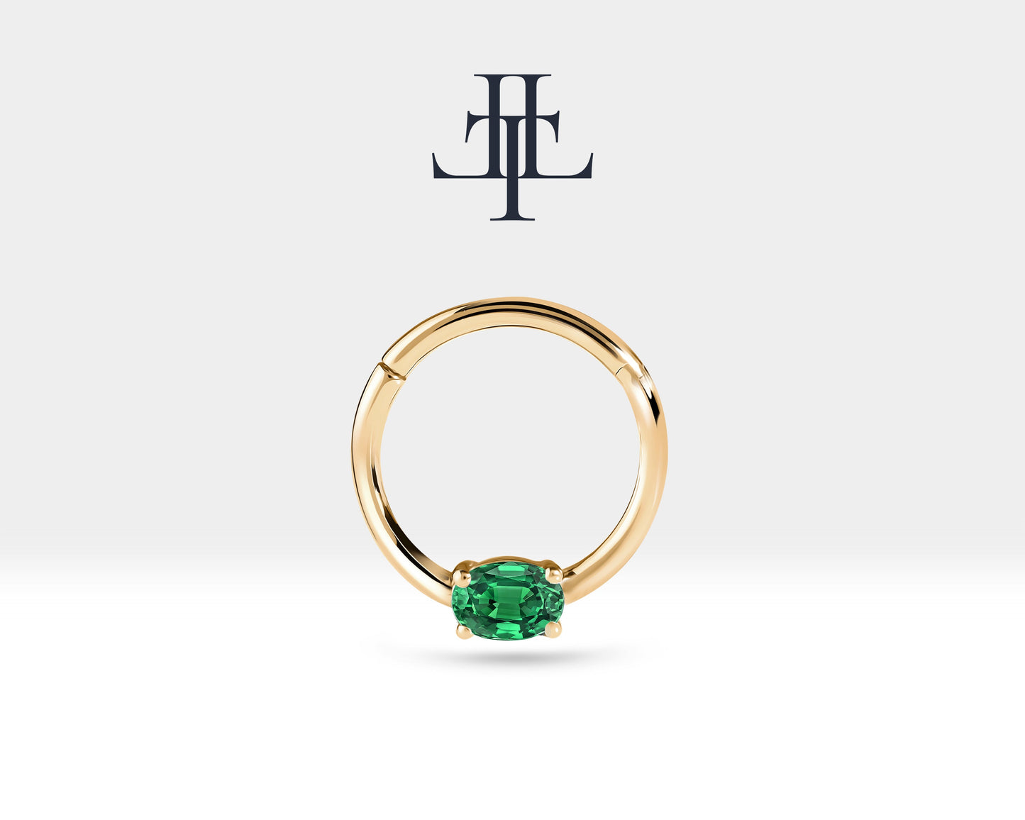 Oval Zümrütlü Halka Piercing, 10-12 MM , 1.2 MM, 14K Sarı-Beyaz-Kırmızı Altın | LC00035E