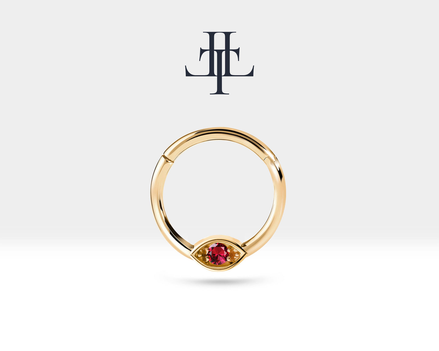 Yakutlu Göz Halka Piercing, 10 MM , 1.2 MM, 14K Sarı-Beyaz-Kırmızı Altın | LC00042R