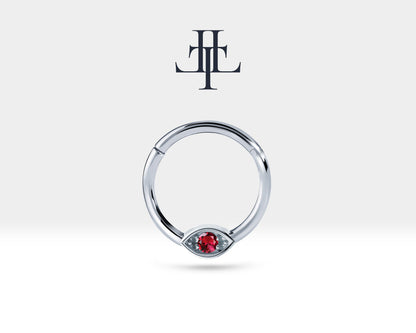 Yakutlu Göz Halka Piercing, 10 MM , 1.2 MM, 14K Sarı-Beyaz-Kırmızı Altın | LC00042R