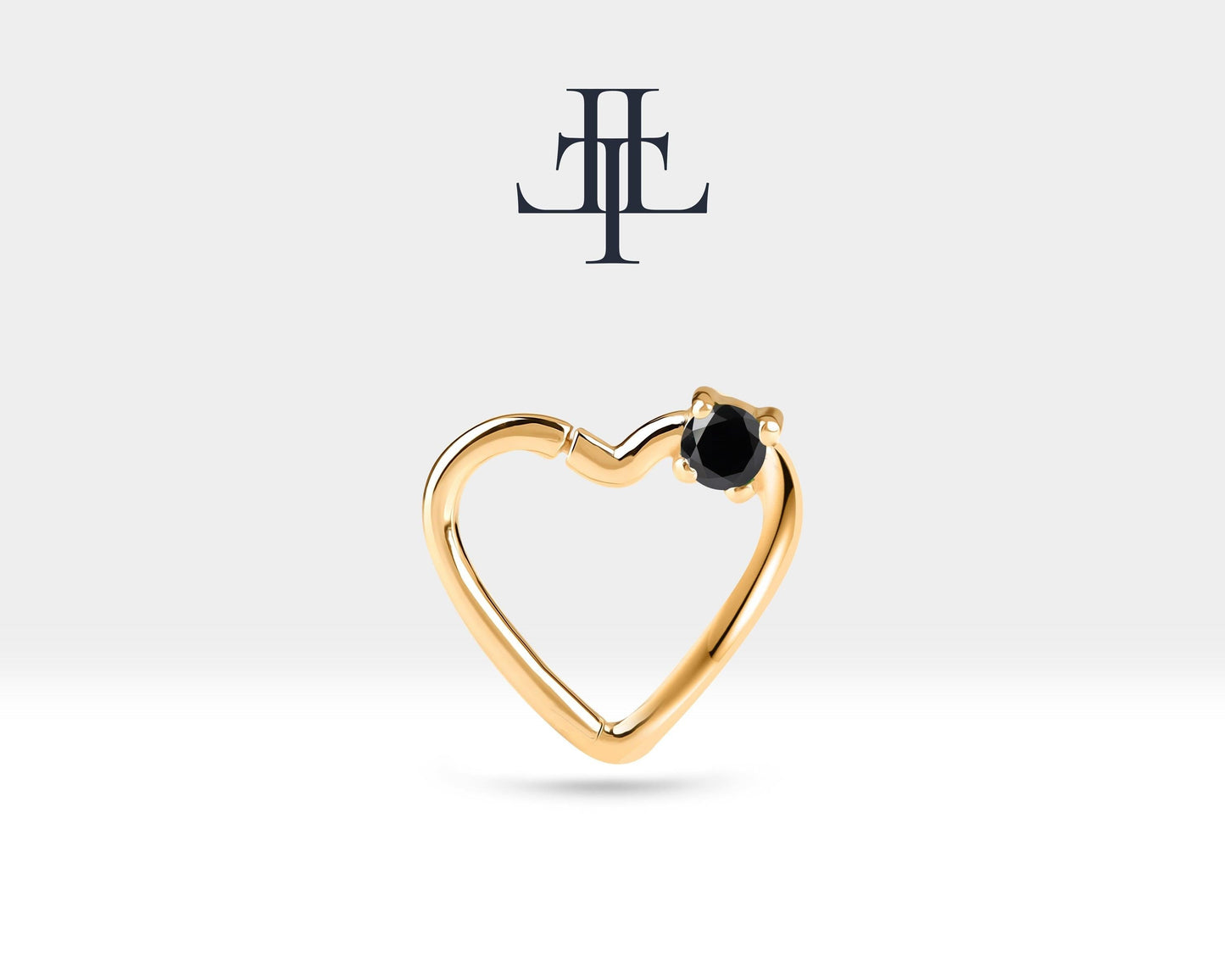Tek Taş Kalp Siyah Pırlanta Halka Piercing, 13 MM , 1.2 MM, 14K Sarı-Beyaz-Kırmızı Altın | LC00010B
