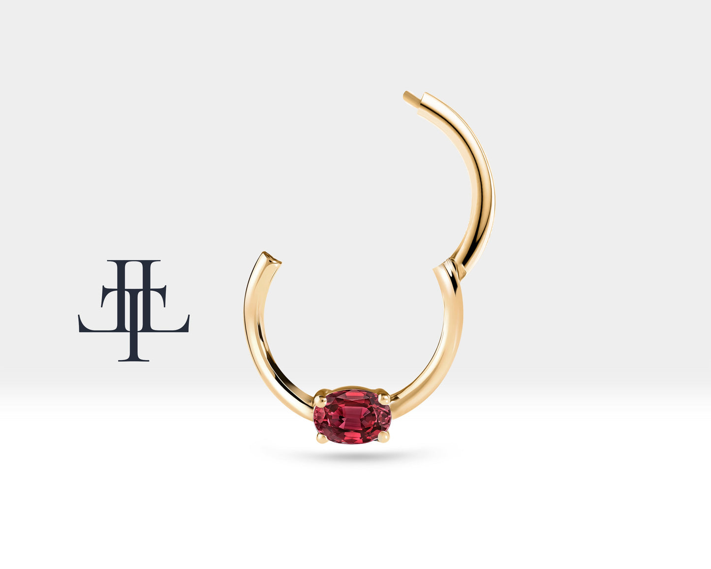 Oval Yakutlu Halka Piercing, 10-12 MM , 1.2 MM, 14K Sarı-Beyaz-Kırmızı Altın | LC00035R