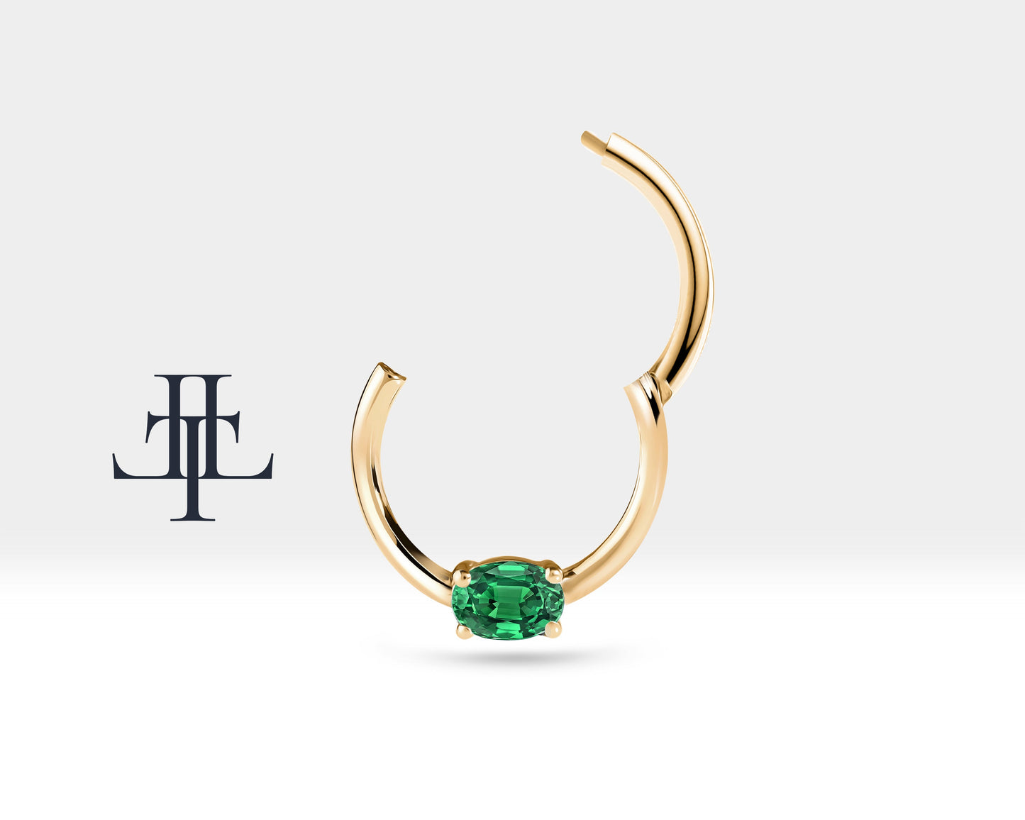 Oval Zümrütlü Halka Piercing, 10-12 MM , 1.2 MM, 14K Sarı-Beyaz-Kırmızı Altın | LC00035E