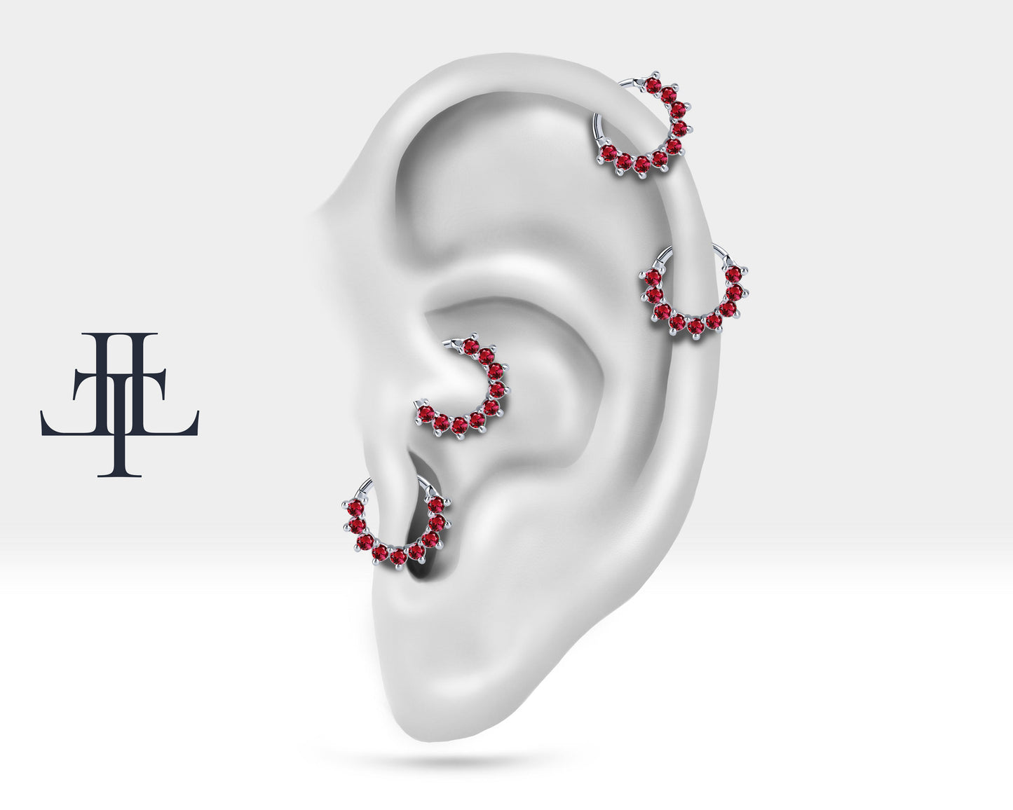 Dokuz Yakutlu Halka Piercing, 13 MM , 1.2 MM, 14K Sarı-Beyaz-Kırmızı Altın | LC00006R