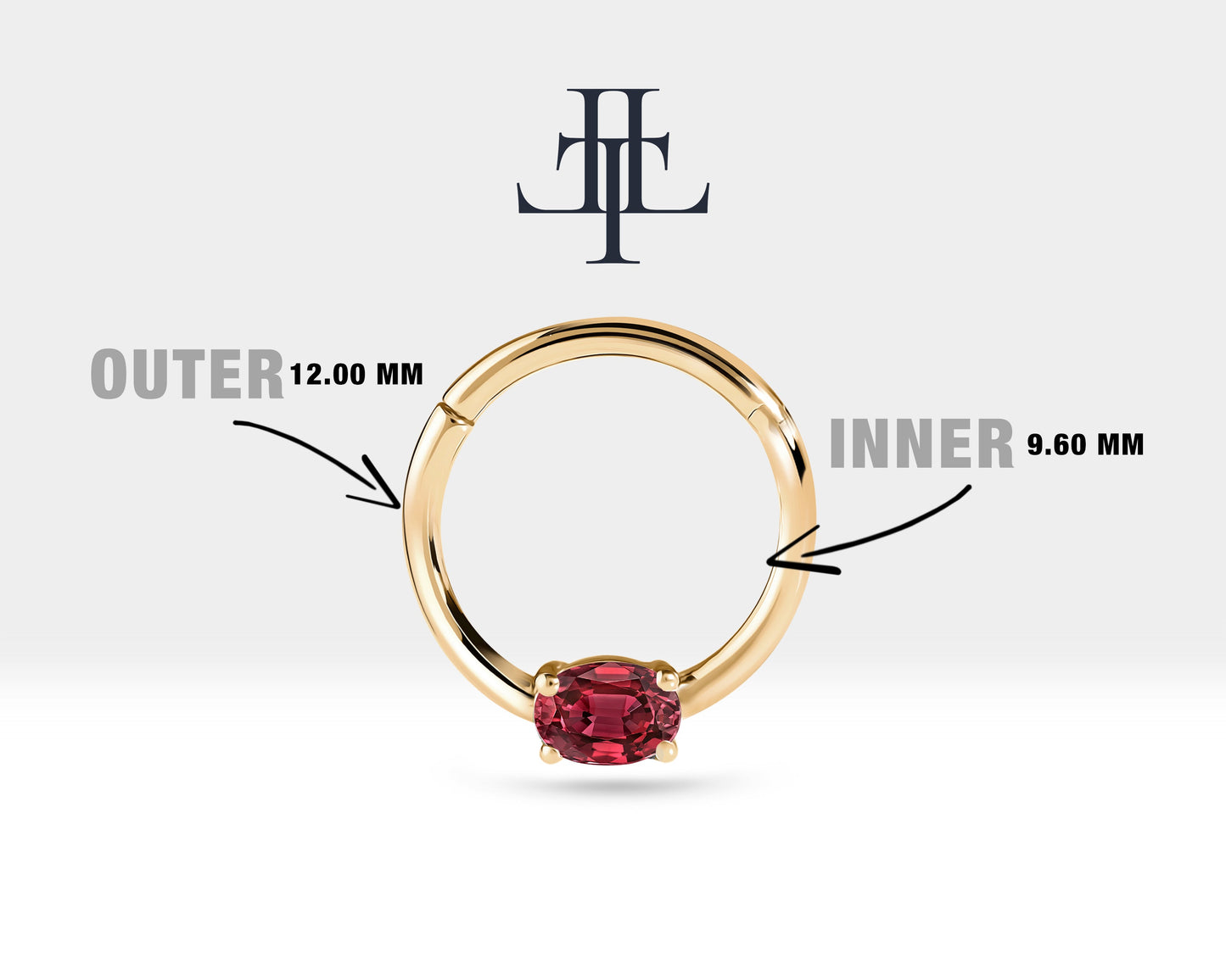 Oval Yakutlu Halka Piercing, 10-12 MM , 1.2 MM, 14K Sarı-Beyaz-Kırmızı Altın | LC00035R