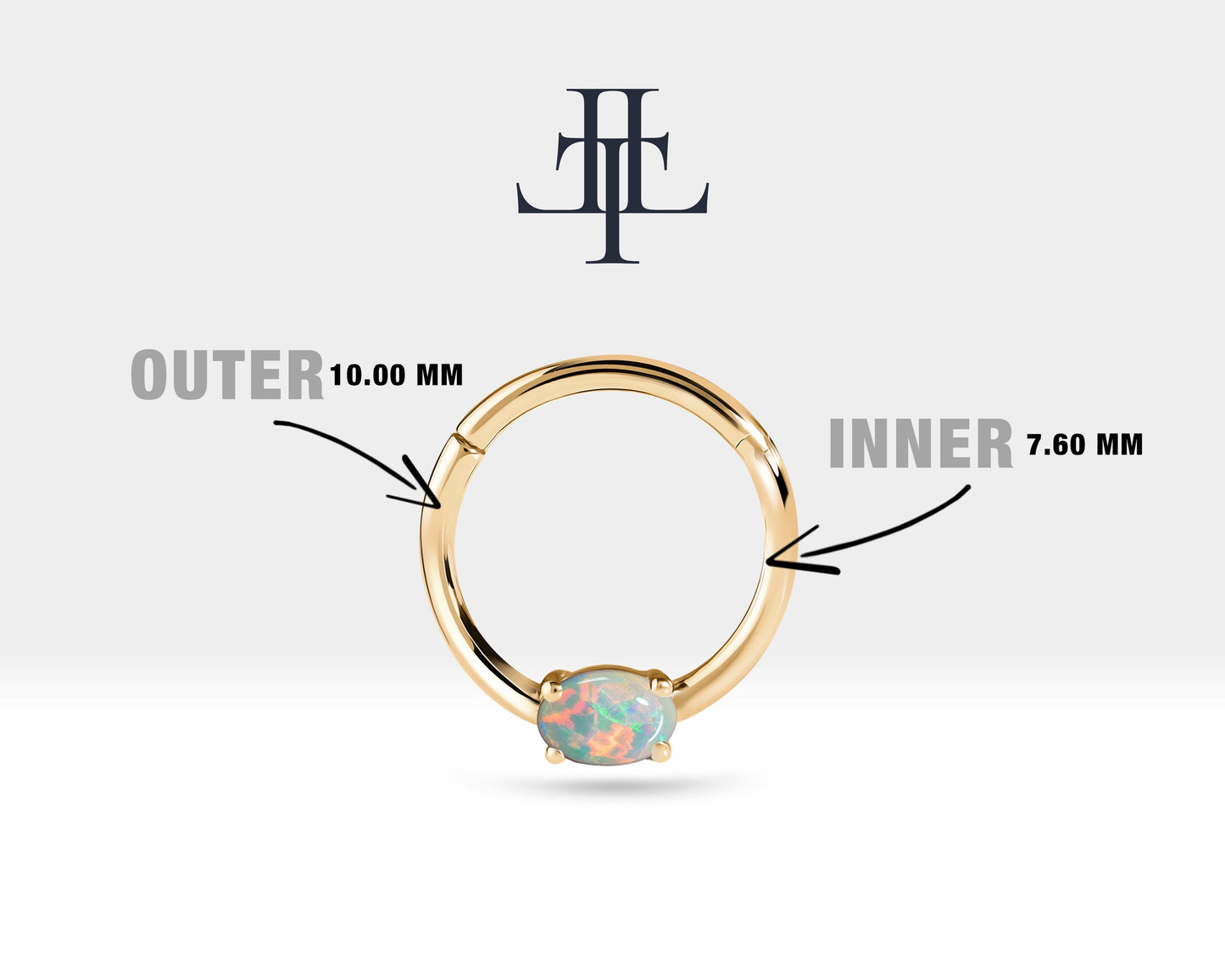 Oval Afrikan Opalli Halka Piercing, 10-12 MM , 1.2 MM, 14K Sarı-Beyaz-Kırmızı Altın | LC00035O