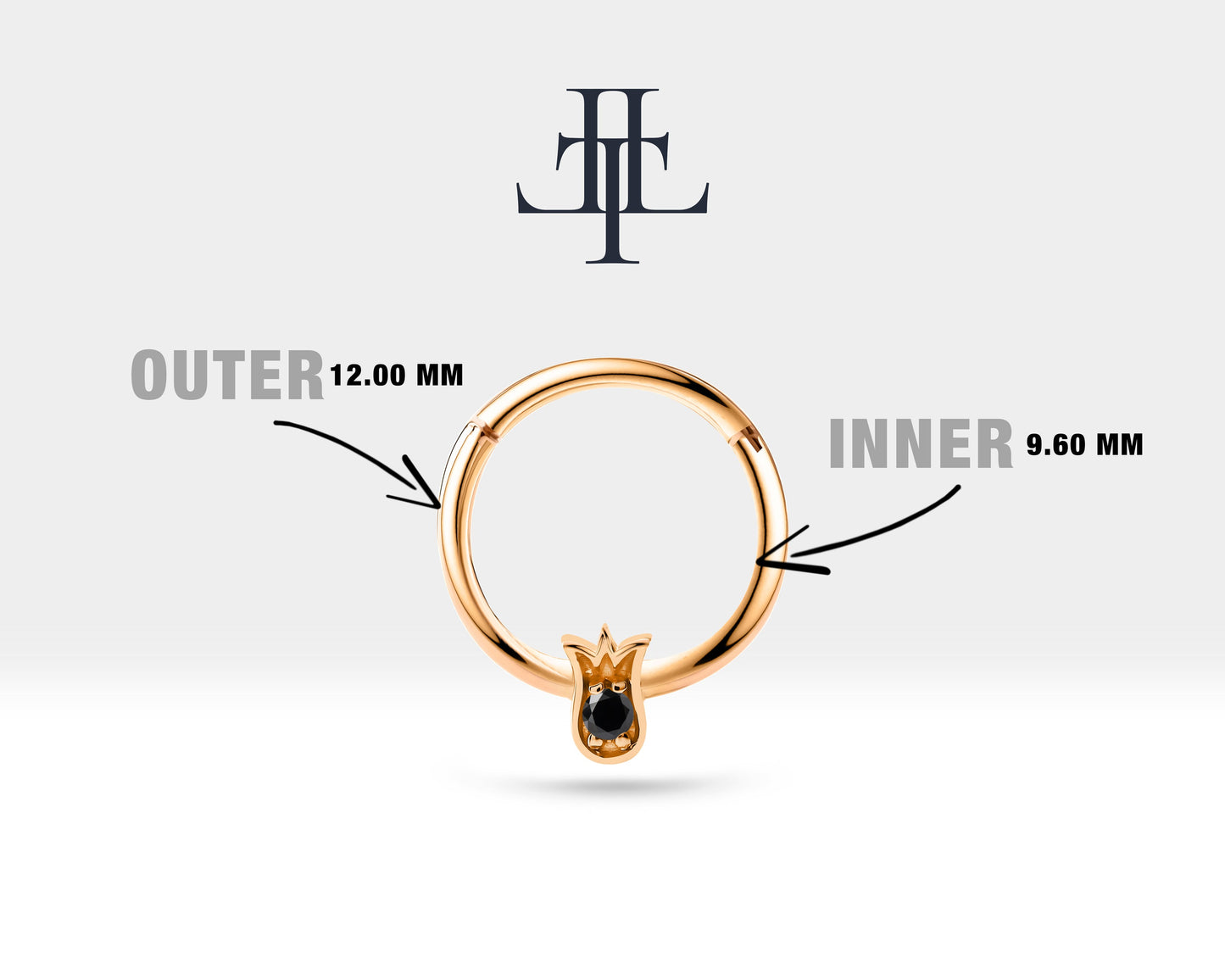 Lale Siyah Pırlantalı Halka Piercing, 12 MM , 1.2 MM, 14K Sarı-Beyaz-Kırmızı Altın | LC00038B