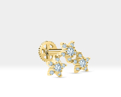Üçlü Yıldız Pırlantalı Piercing, 8 MM , 1.2 MM, 14K Sarı-Beyaz-Kırmızı Altın | LP00041D