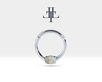 Oval Afrikan Opalli Halka Piercing, 10-12 MM , 1.2 MM, 14K Sarı-Beyaz-Kırmızı Altın | LC00035O