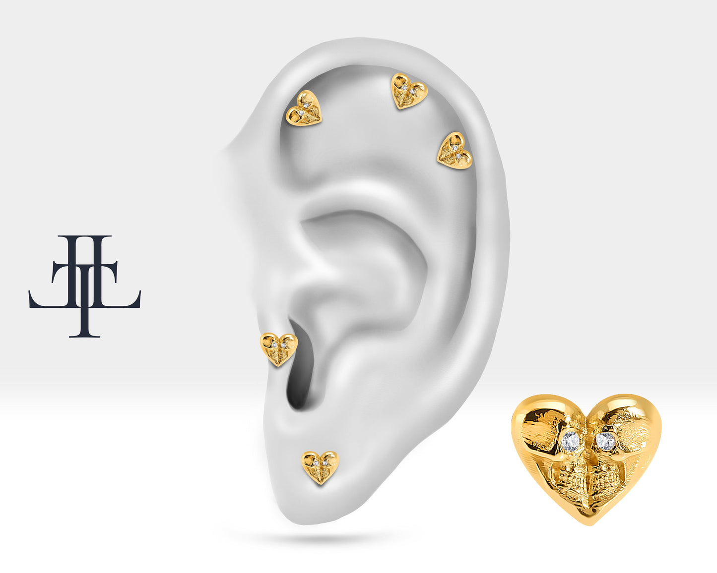 Kalp Kuru Kafa Pırlantalı Piercing, 8 MM , 1.2 MM, 14K Sarı-Beyaz-Kırmızı Altın | LP00023D