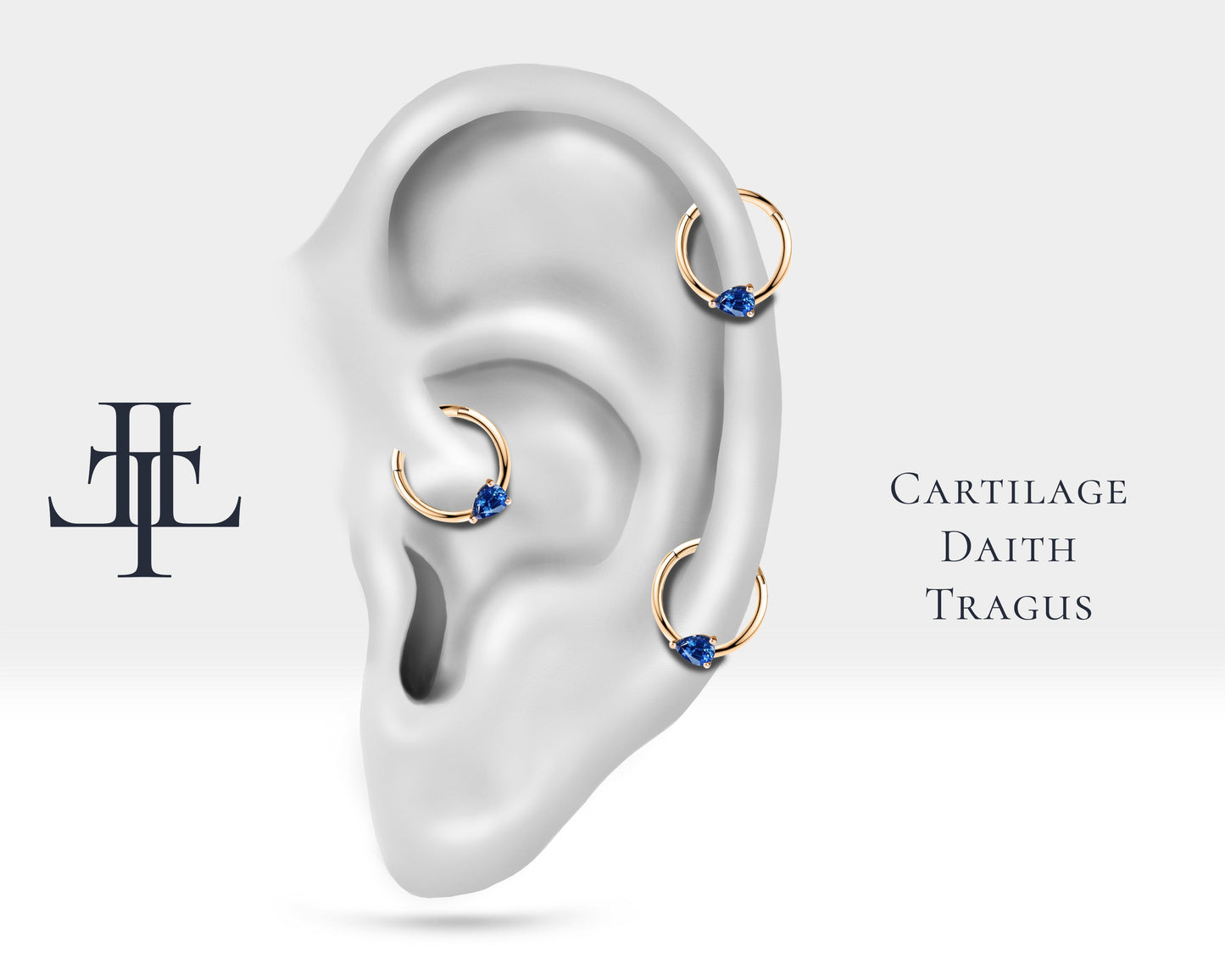 Damla Safirli Halka Piercing, 10-12 MM , 1.2 MM, 14K Sarı-Beyaz-Kırmızı Altın | LC00027S