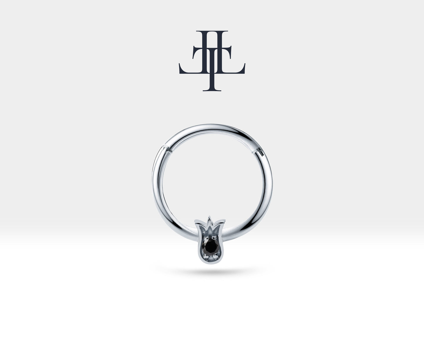 Lale Siyah Pırlantalı Halka Piercing, 12 MM , 1.2 MM, 14K Sarı-Beyaz-Kırmızı Altın | LC00038B