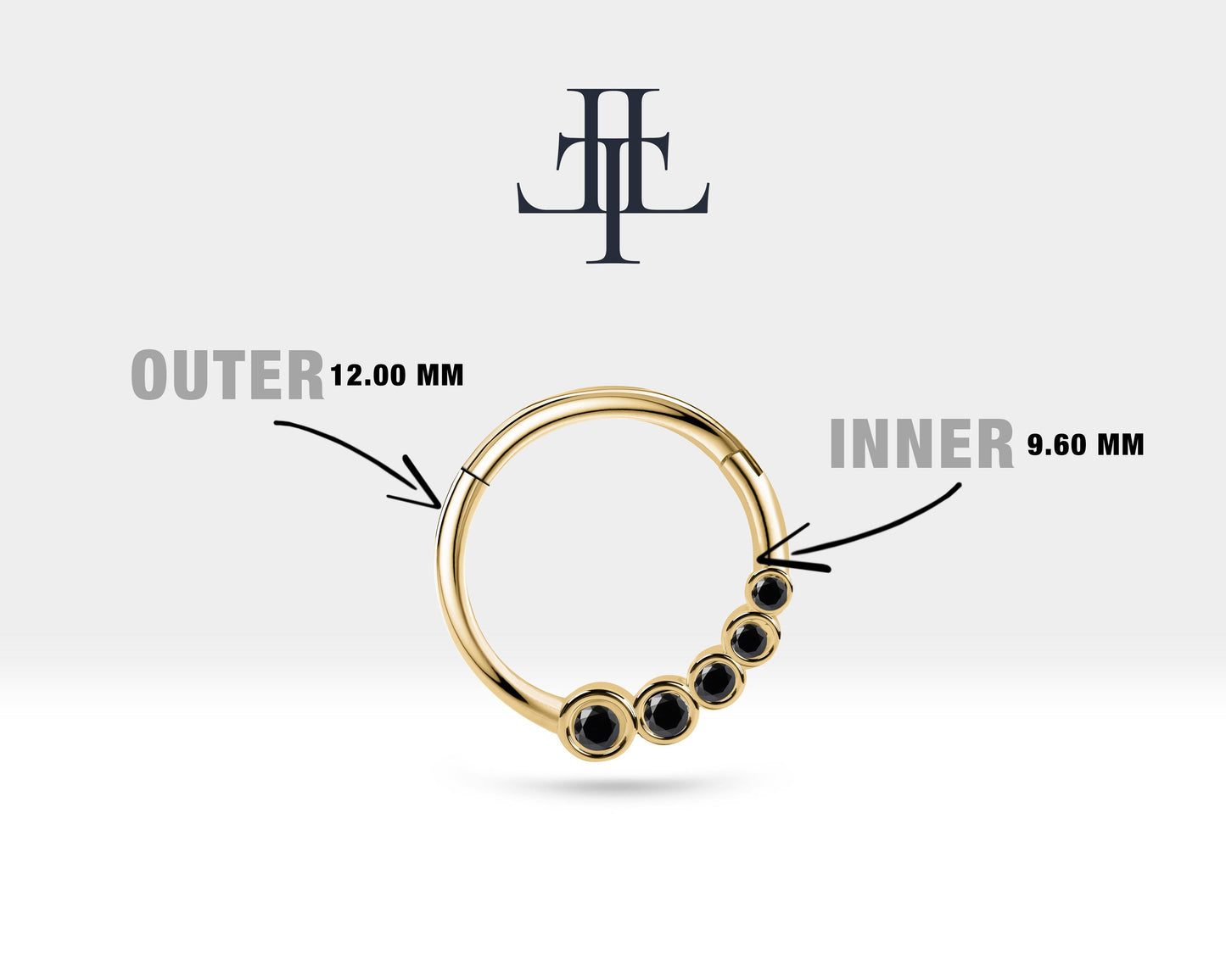 Süzme Siyah Pırlantalı Halka Piercing, 12 MM , 1.2 MM, 14K Sarı-Beyaz-Kırmızı Altın | LC00018B