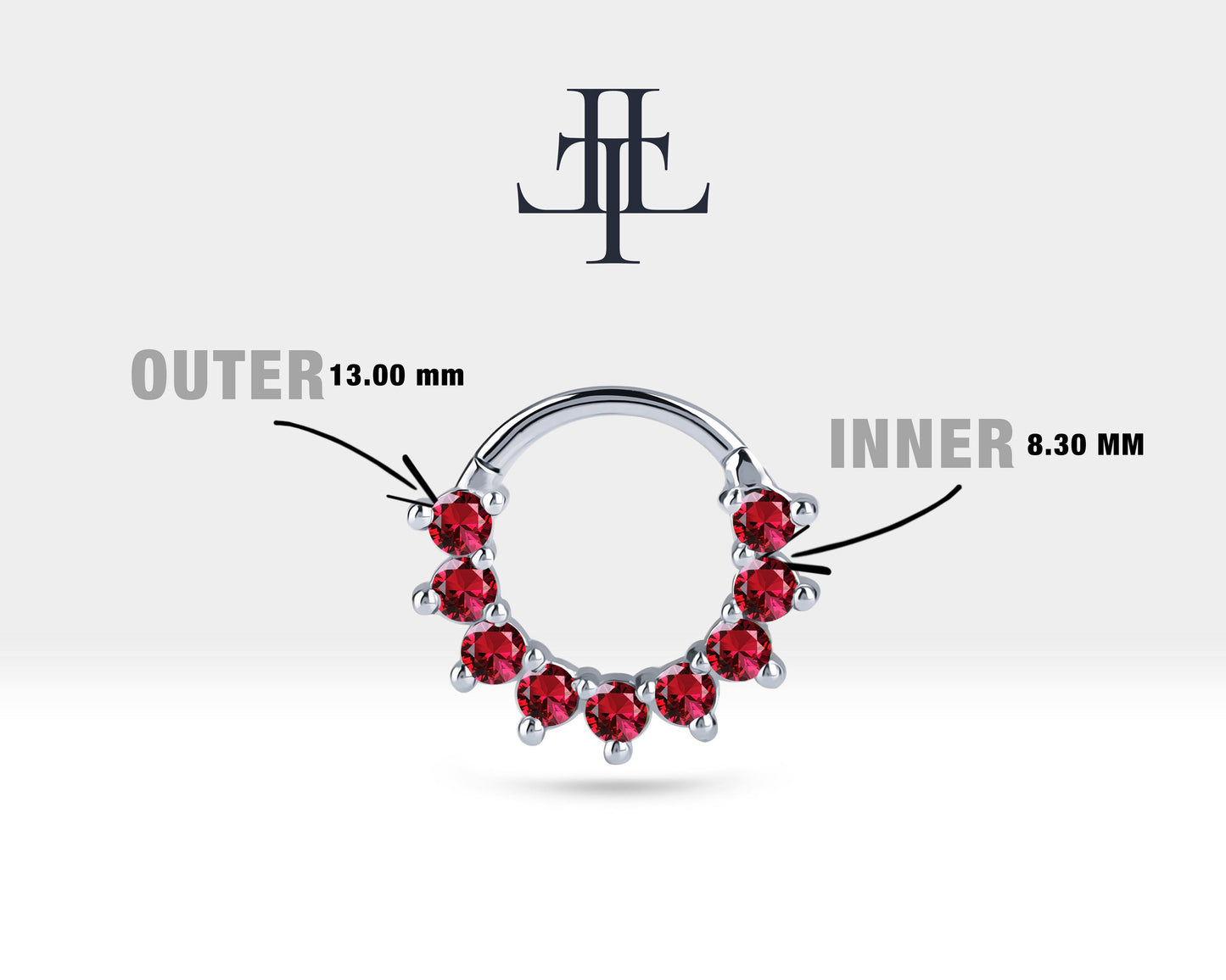 Dokuz Yakutlu Halka Piercing, 13 MM , 1.2 MM, 14K Sarı-Beyaz-Kırmızı Altın | LC00006R