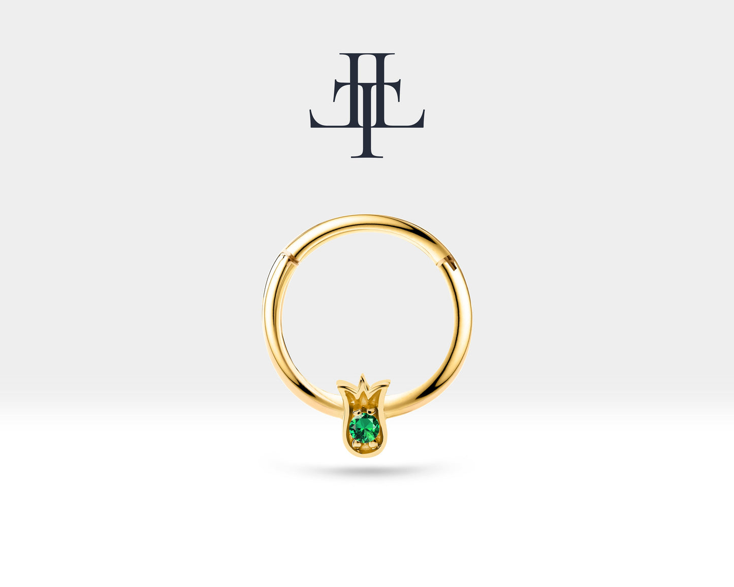 Lale Yeşil Garnetlı Halka Piercing, 12 MM , 1.2 MM, 14K Sarı-Beyaz-Kırmızı Altın | LC00038G