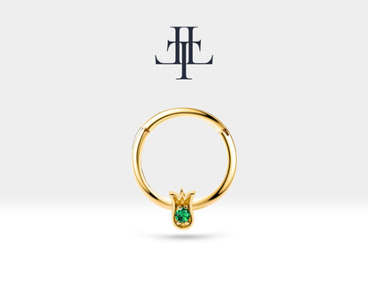 Lale Yeşil Garnetlı Halka Piercing, 12 MM , 1.2 MM, 14K Sarı-Beyaz-Kırmızı Altın | LC00038G