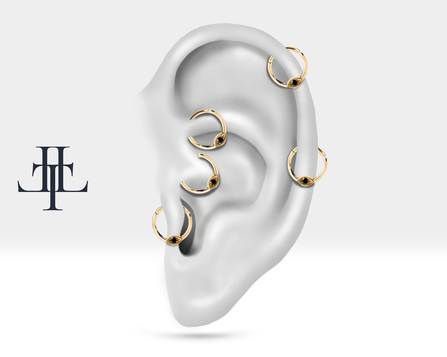 Siyah Pırlantalı Göz Halka Piercing, 10 MM , 1.2 MM, 14K Sarı-Beyaz-Kırmızı Altın | LC00042B