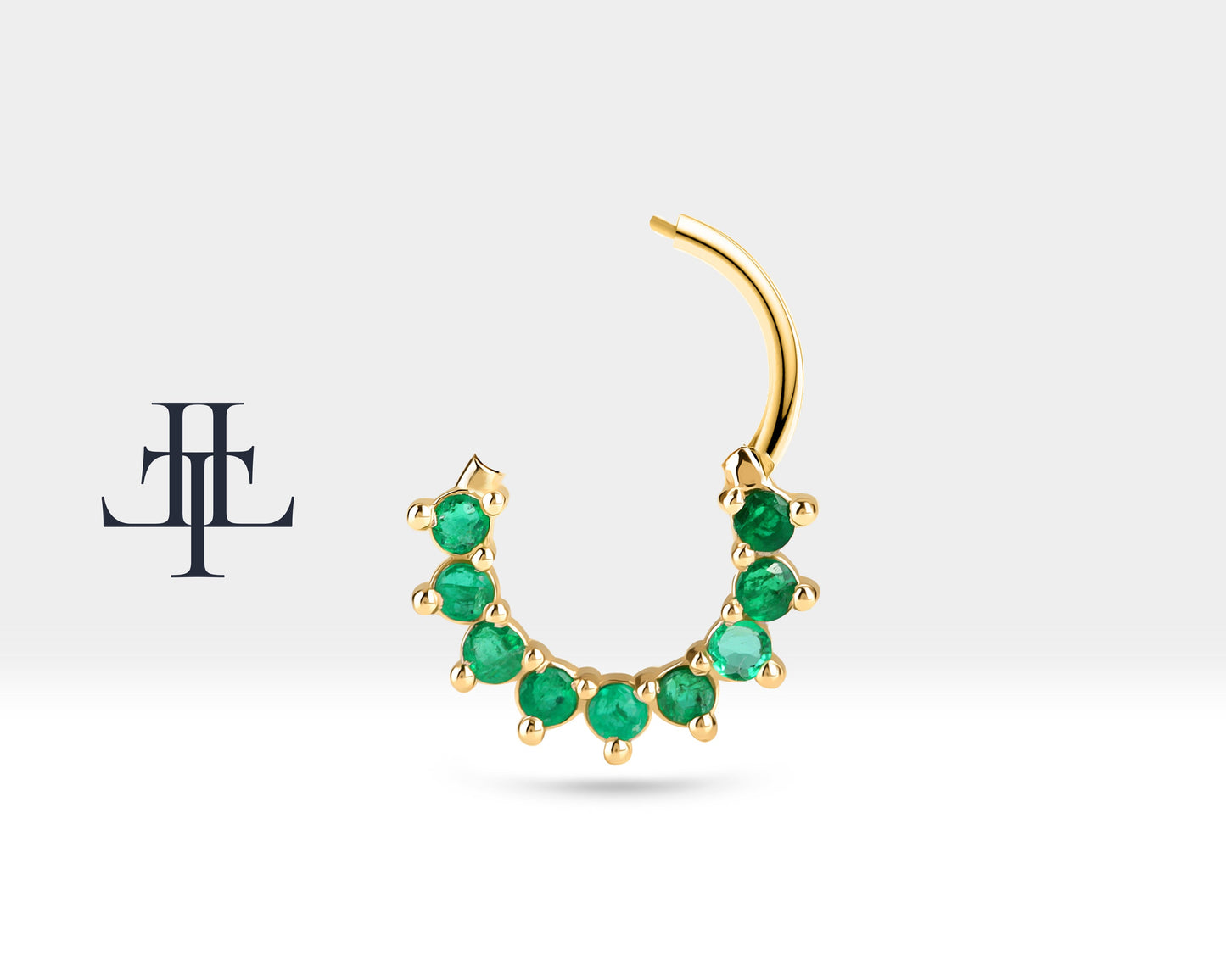 Dokuz Zümrütlü Halka Piercing, 13 MM , 1.2 MM, 14K Sarı-Beyaz-Kırmızı Altın | LC00006E