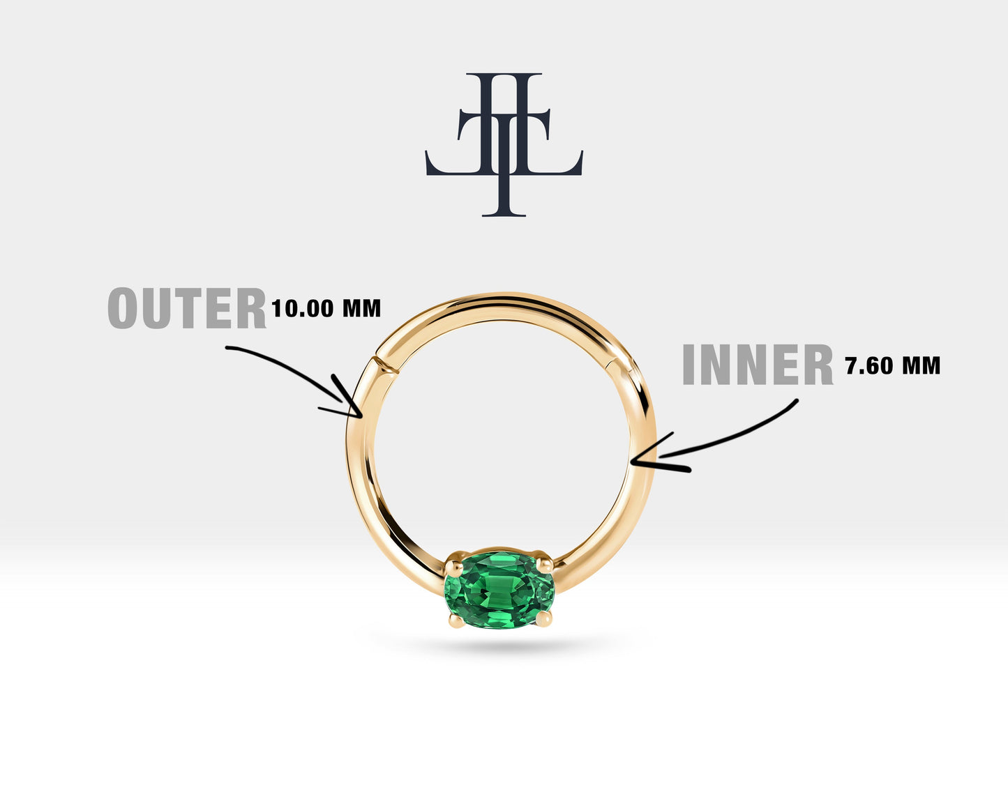 Oval Zümrütlü Halka Piercing, 10-12 MM , 1.2 MM, 14K Sarı-Beyaz-Kırmızı Altın | LC00035E