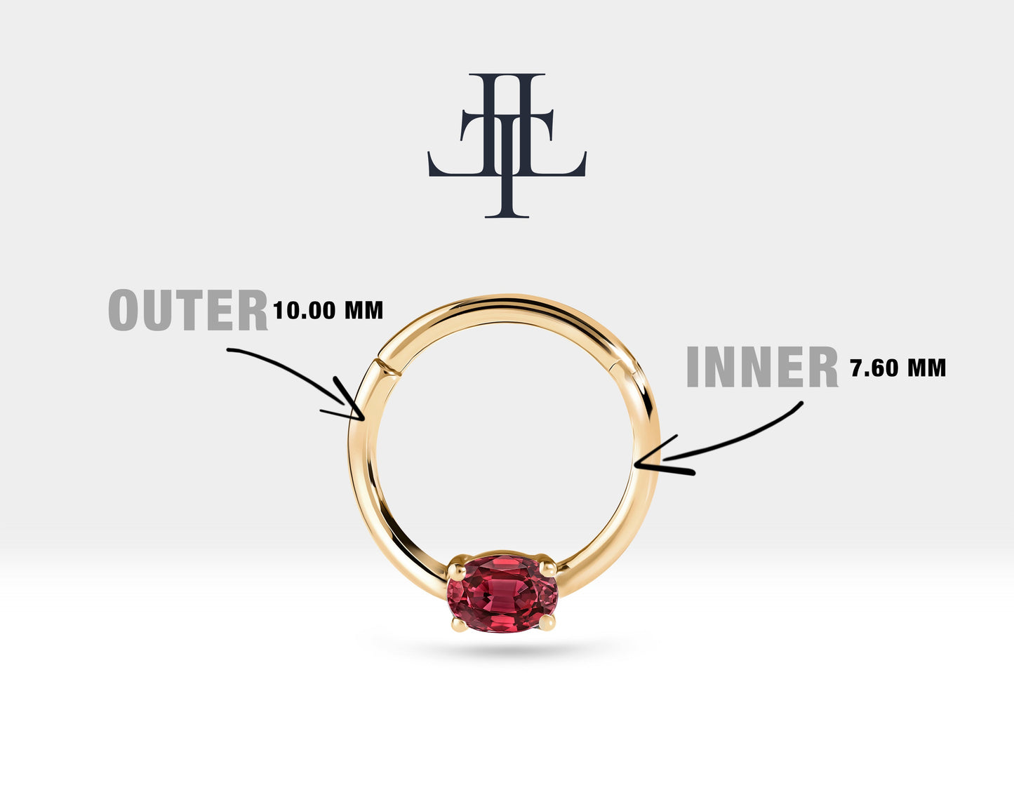 Oval Yakutlu Halka Piercing, 10-12 MM , 1.2 MM, 14K Sarı-Beyaz-Kırmızı Altın | LC00035R