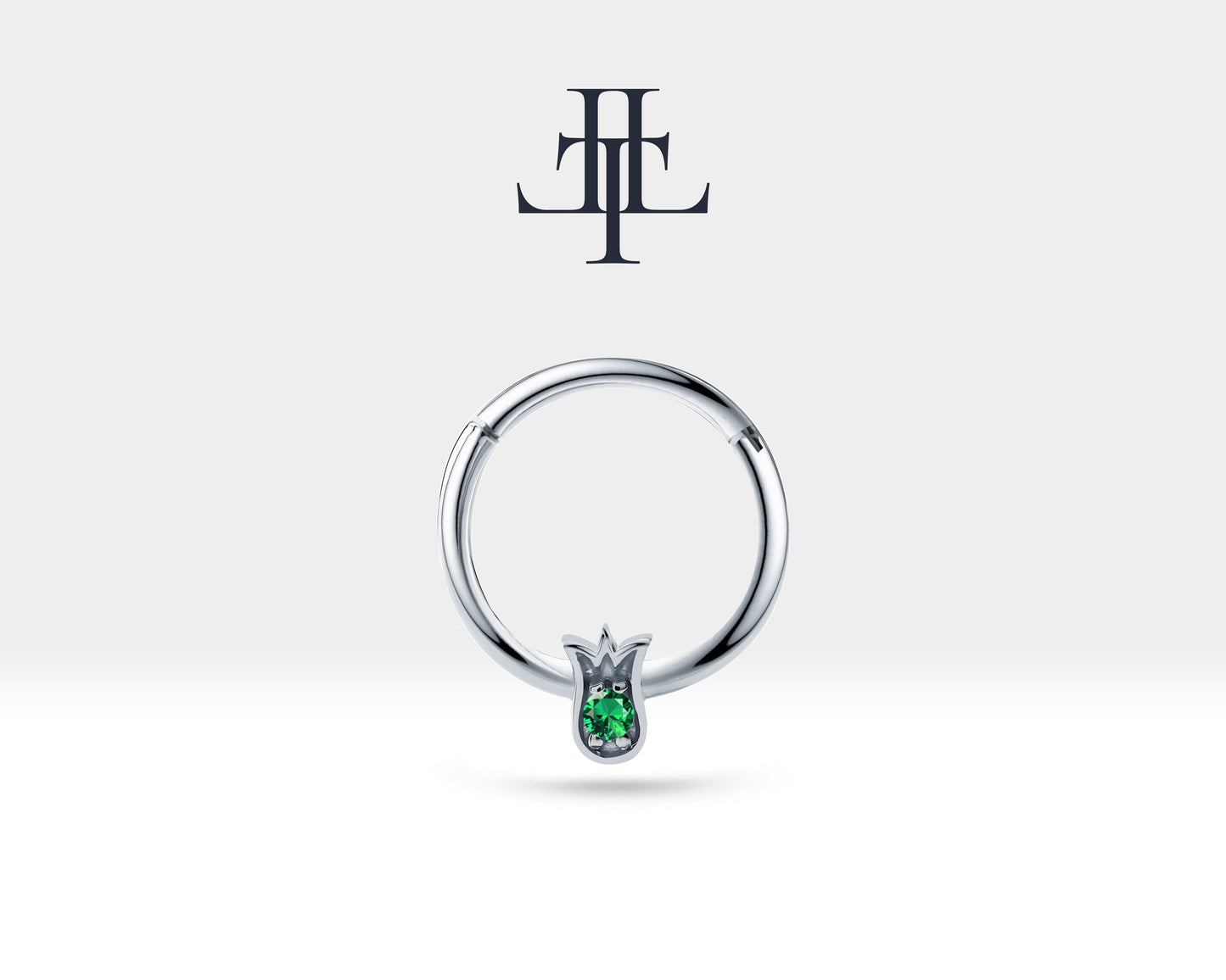 Lale Yeşil Garnetlı Halka Piercing, 12 MM , 1.2 MM, 14K Sarı-Beyaz-Kırmızı Altın | LC00038G