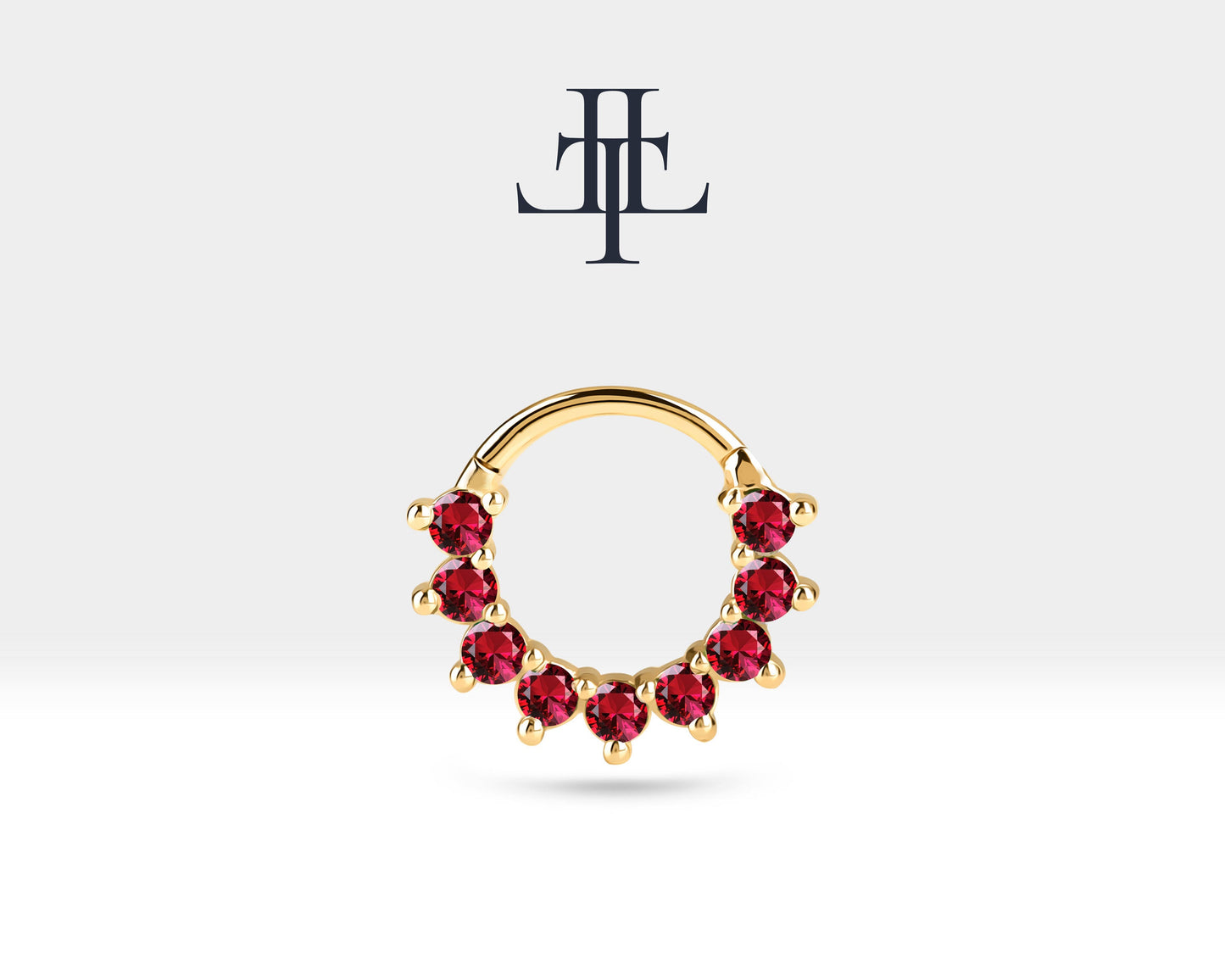 Dokuz Yakutlu Halka Piercing, 13 MM , 1.2 MM, 14K Sarı-Beyaz-Kırmızı Altın | LC00006R