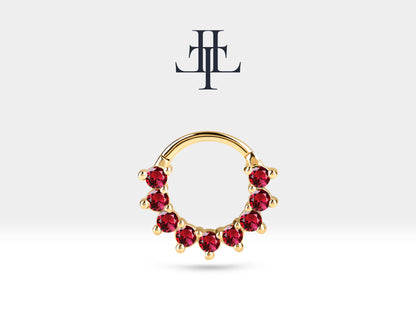 Dokuz Yakutlu Halka Piercing, 13 MM , 1.2 MM, 14K Sarı-Beyaz-Kırmızı Altın | LC00006R